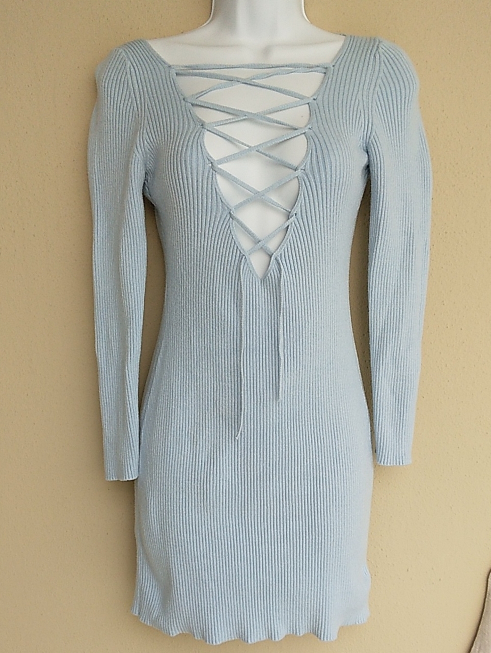 Light Blue Ribbed Lace-Up Long Sleeve Dress